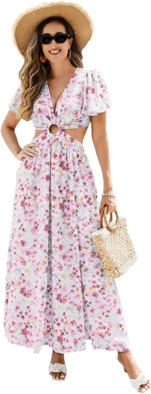 Women Floral Print Cut-Out Maxi Dress Elegant Polyester Summer Dress for Women Travel Vacation