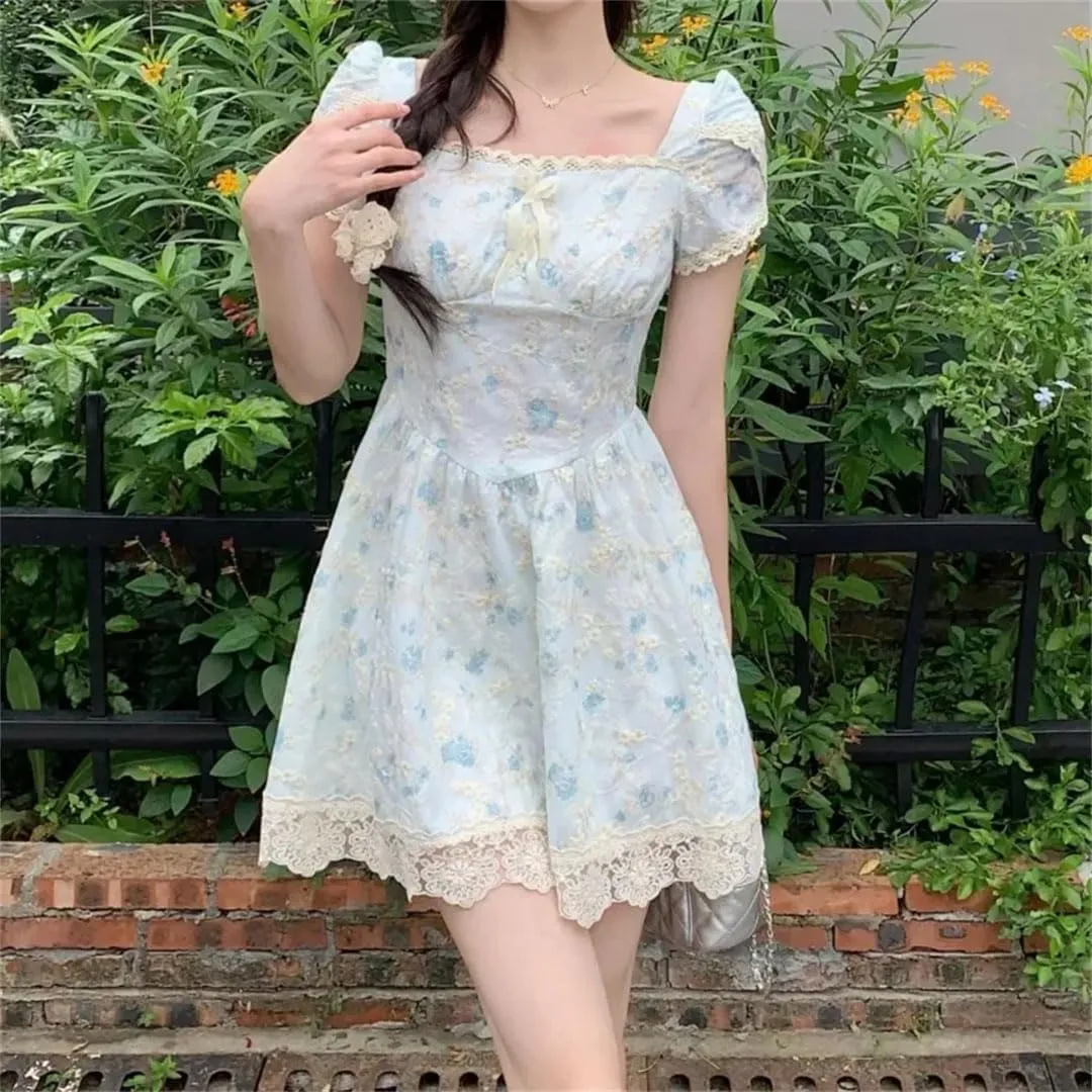 Women French Style Floral Dresses Puff Sleeve Vintage Elegant Square Neck Long Dress
