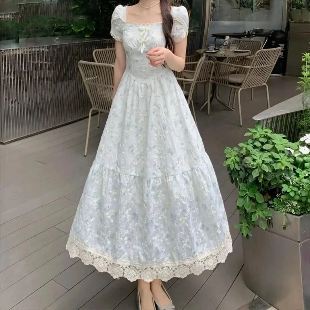 Women French Style Floral Dresses Puff Sleeve Vintage Elegant Square Neck Long Dress