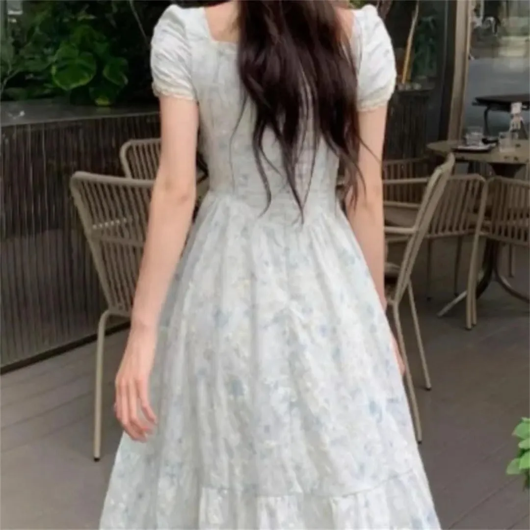 Women French Style Floral Dresses Puff Sleeve Vintage Elegant Square Neck Long Dress