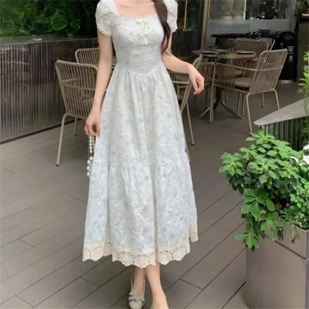 Women French Style Floral Dresses Puff Sleeve Vintage Elegant Square Neck Long Dress