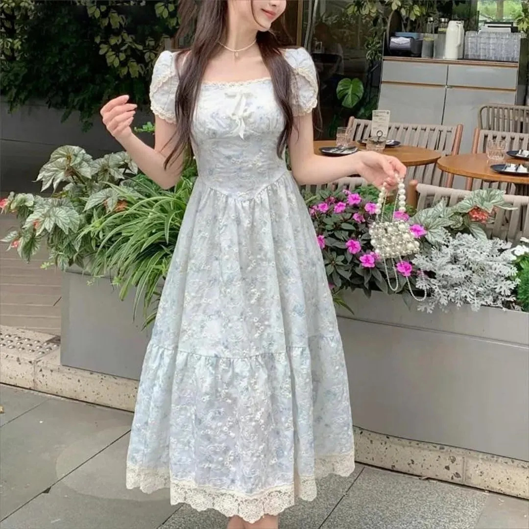 Women French Style Floral Dresses Puff Sleeve Vintage Elegant Square Neck Long Dress