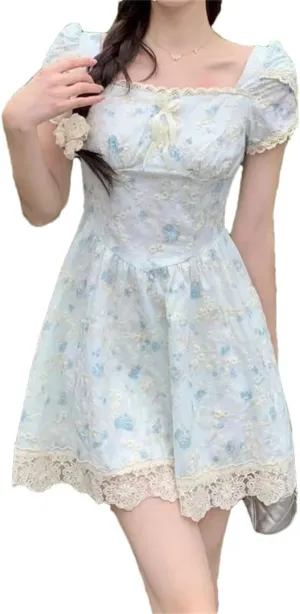 Women French Style Floral Dresses Puff Sleeve Vintage Elegant Square Neck Long Dress
