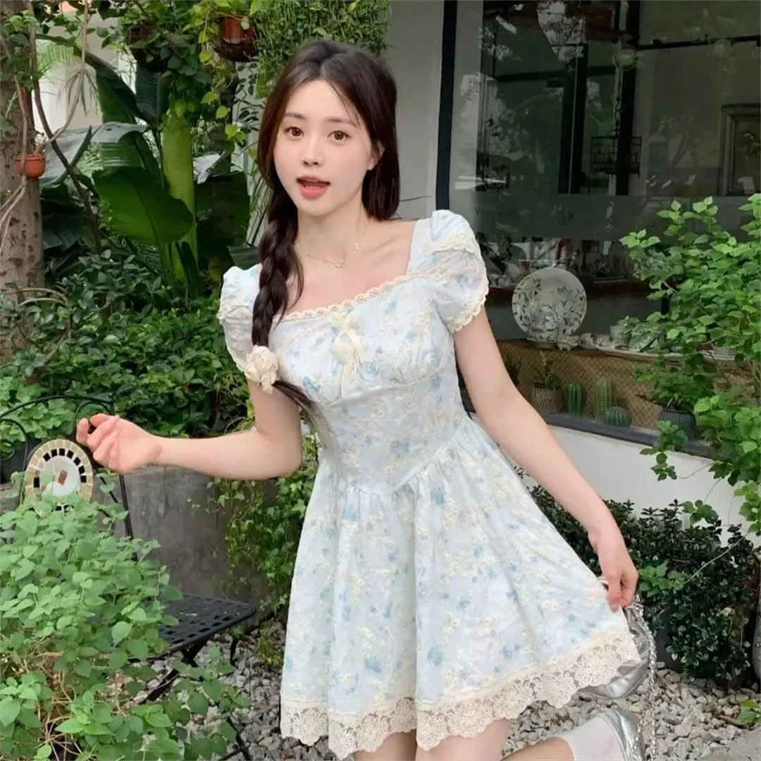 Women French Style Floral Dresses Puff Sleeve Vintage Elegant Square Neck Long Dress