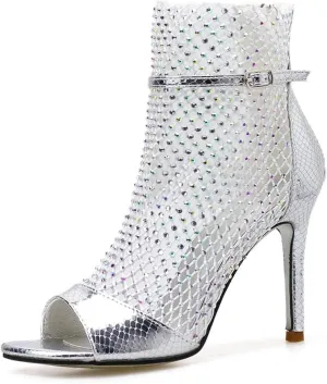 Women Gladiator Rhinestones Network Embellished Crystals Stiletto Heel Pumps Peep Toe Evening Ankle Heeled Sandals Shoes