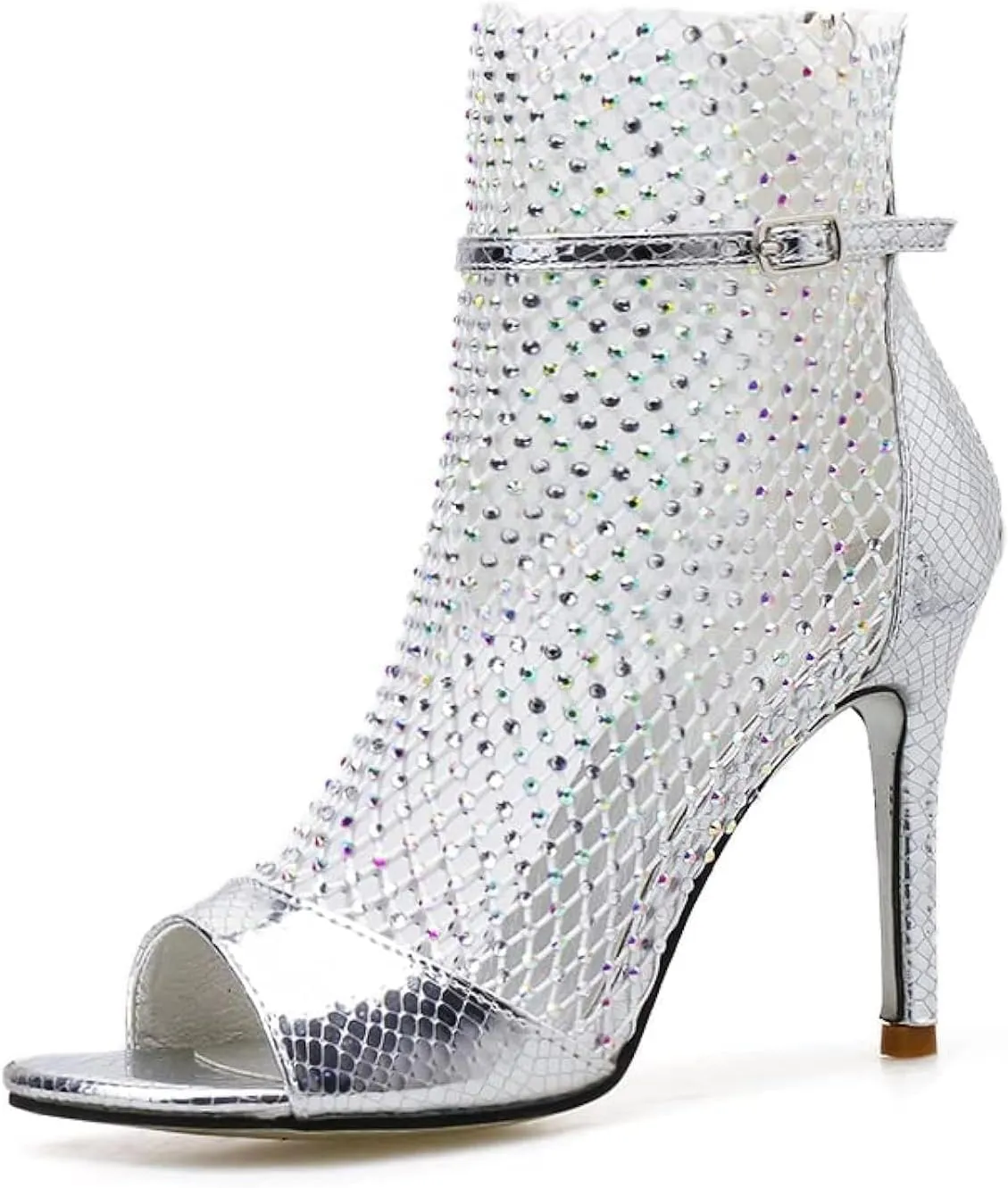 Women Gladiator Rhinestones Network Embellished Crystals Stiletto Heel Pumps Peep Toe Evening Ankle Heeled Sandals Shoes