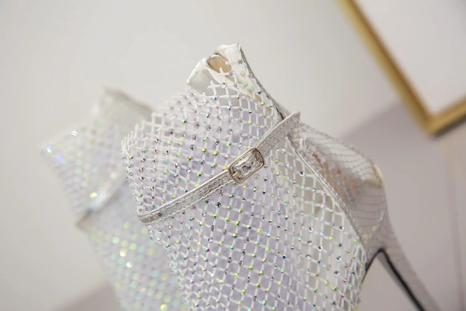 Women Gladiator Rhinestones Network Embellished Crystals Stiletto Heel Pumps Peep Toe Evening Ankle Heeled Sandals Shoes
