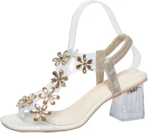 Women Heels Sandals Square Open Toe Block Heel Sandals Summer Fashion Elastic Ankle Strap Casual Open Toe High Heels Crystal Floral Elegant Pumps Dress Shoes