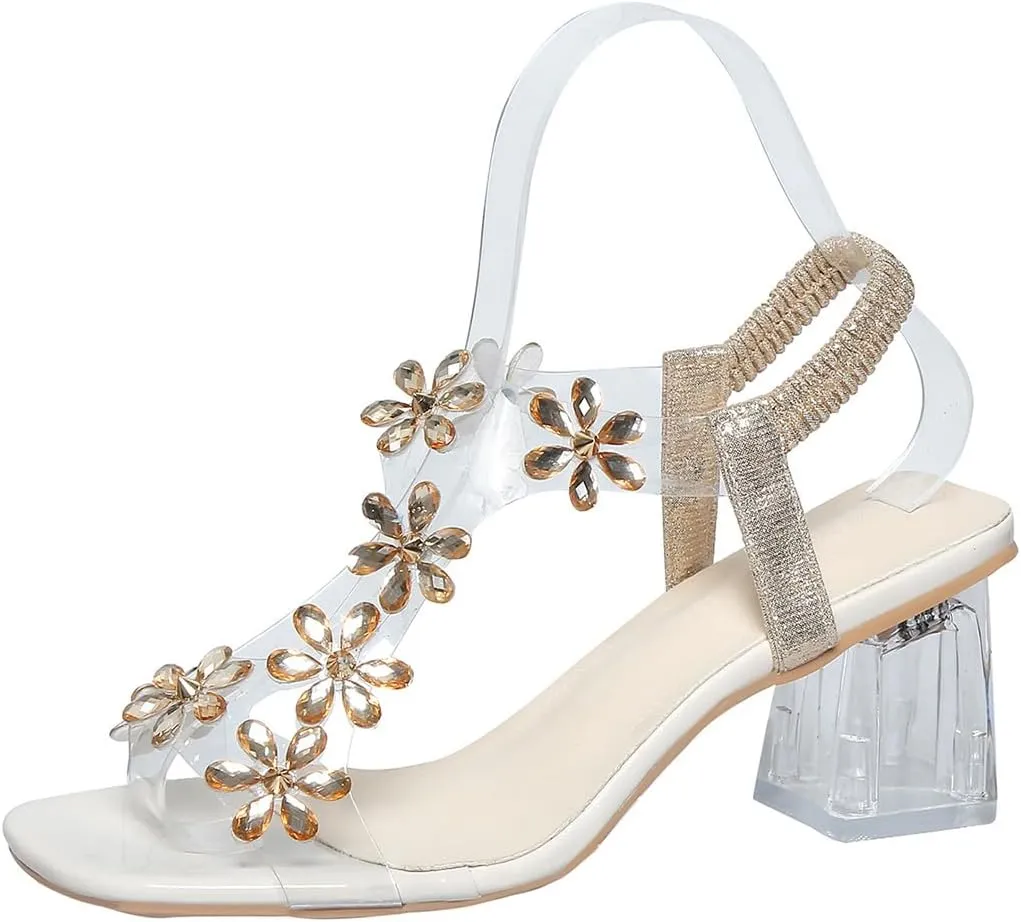 Women Heels Sandals Square Open Toe Block Heel Sandals Summer Fashion Elastic Ankle Strap Casual Open Toe High Heels Crystal Floral Elegant Pumps Dress Shoes