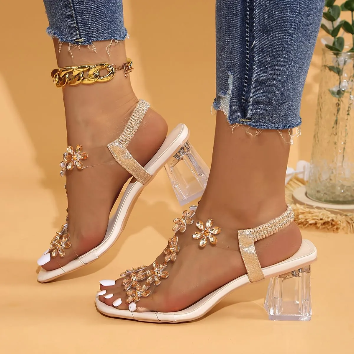 Women Heels Sandals Square Open Toe Block Heel Sandals Summer Fashion Elastic Ankle Strap Casual Open Toe High Heels Crystal Floral Elegant Pumps Dress Shoes