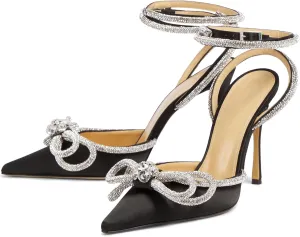 Women High Heeled Sandals Rhinestone Bow Heels Crystal Ankle Strap Stiletto Heeled Pumps Pointed Toe Satin for Bridal Wedding Dress Party Shoes
