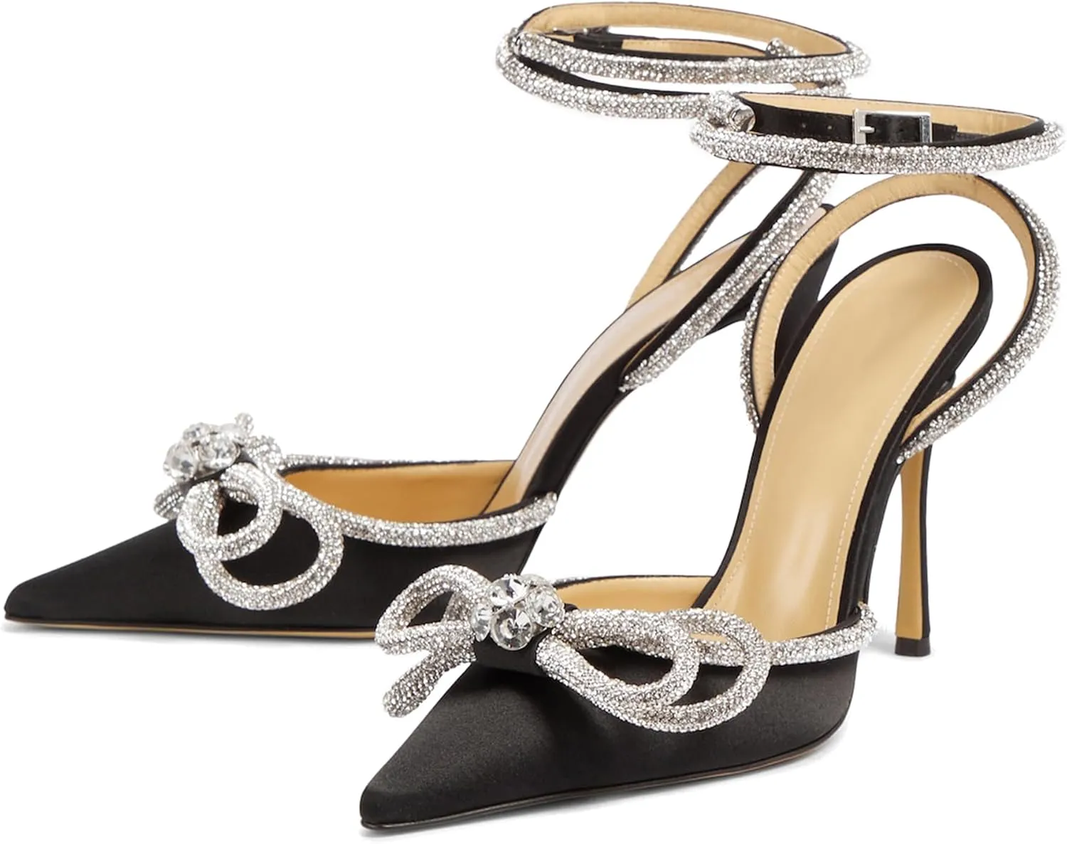 Women High Heeled Sandals Rhinestone Bow Heels Crystal Ankle Strap Stiletto Heeled Pumps Pointed Toe Satin for Bridal Wedding Dress Party Shoes
