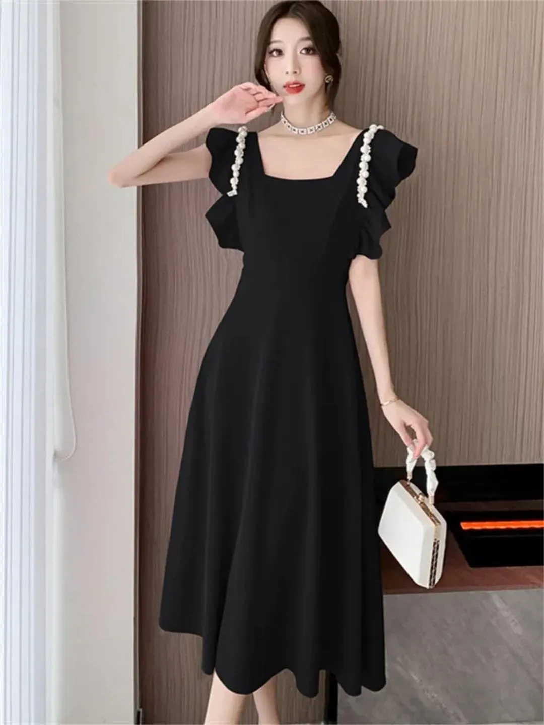 Women Midi Dresses for French Square Collar Flying Sleeve Elegant Party Bride