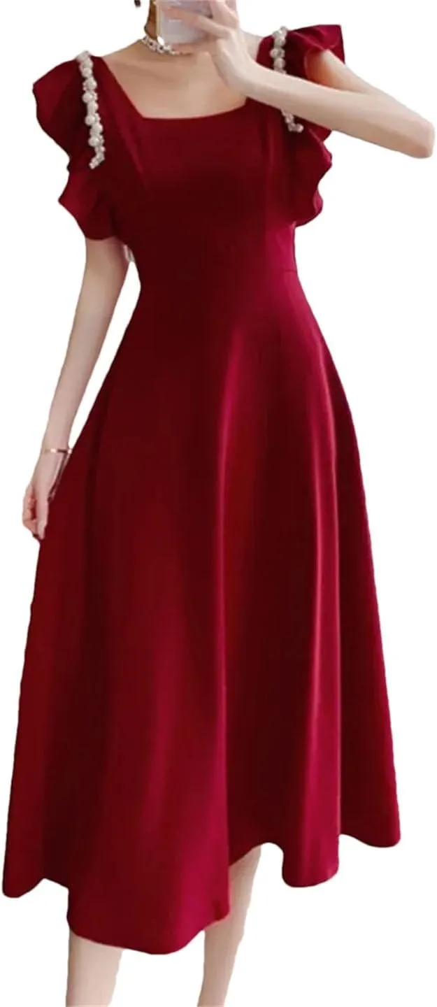 Women Midi Dresses for French Square Collar Flying Sleeve Elegant Party Bride