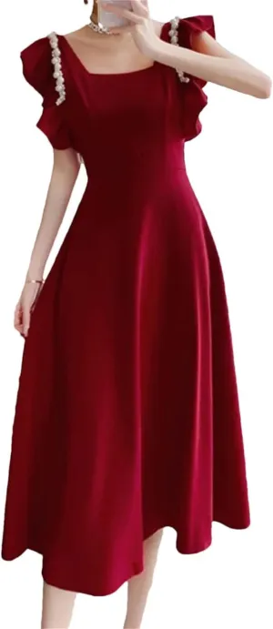 Women Midi Dresses for French Square Collar Flying Sleeve Elegant Party Bride