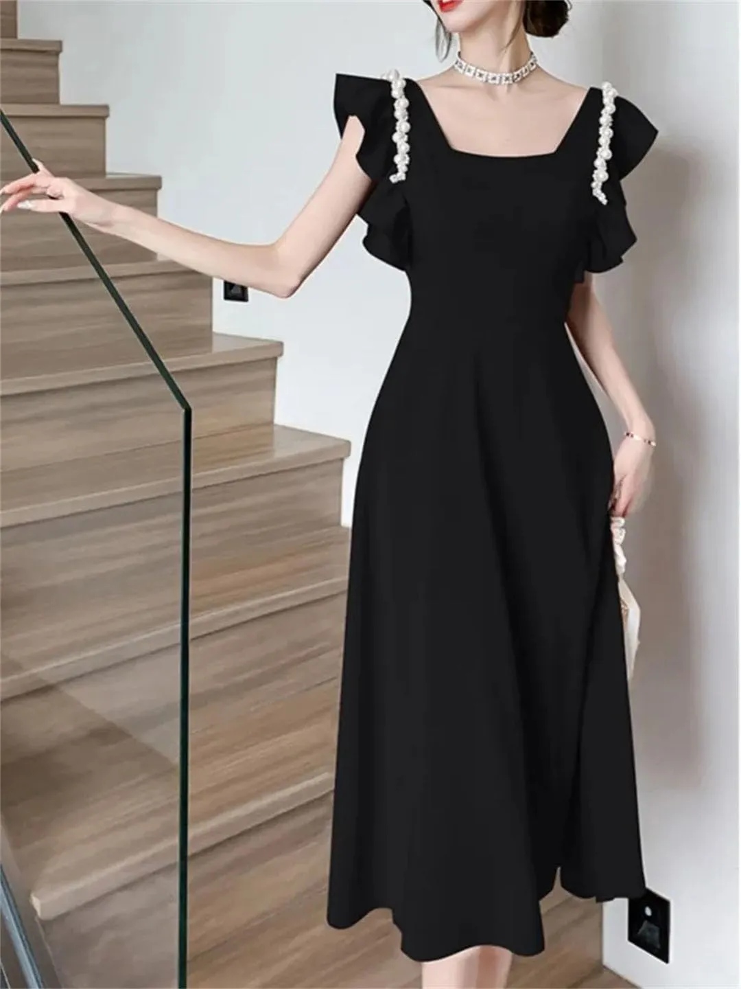 Women Midi Dresses for French Square Collar Flying Sleeve Elegant Party Bride