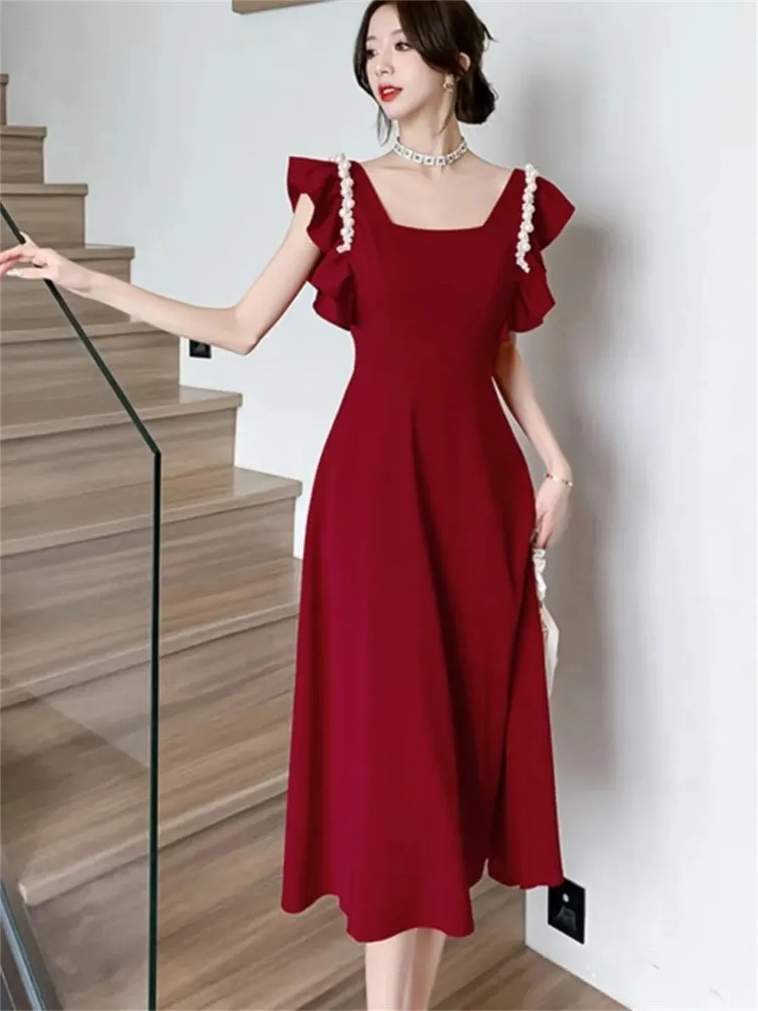 Women Midi Dresses for French Square Collar Flying Sleeve Elegant Party Bride