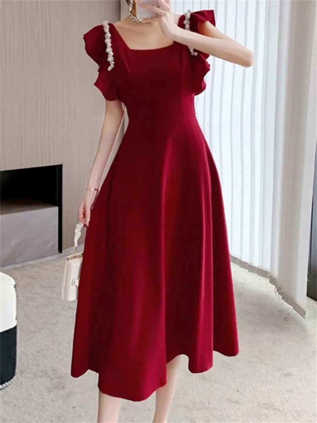 Women Midi Dresses for French Square Collar Flying Sleeve Elegant Party Bride