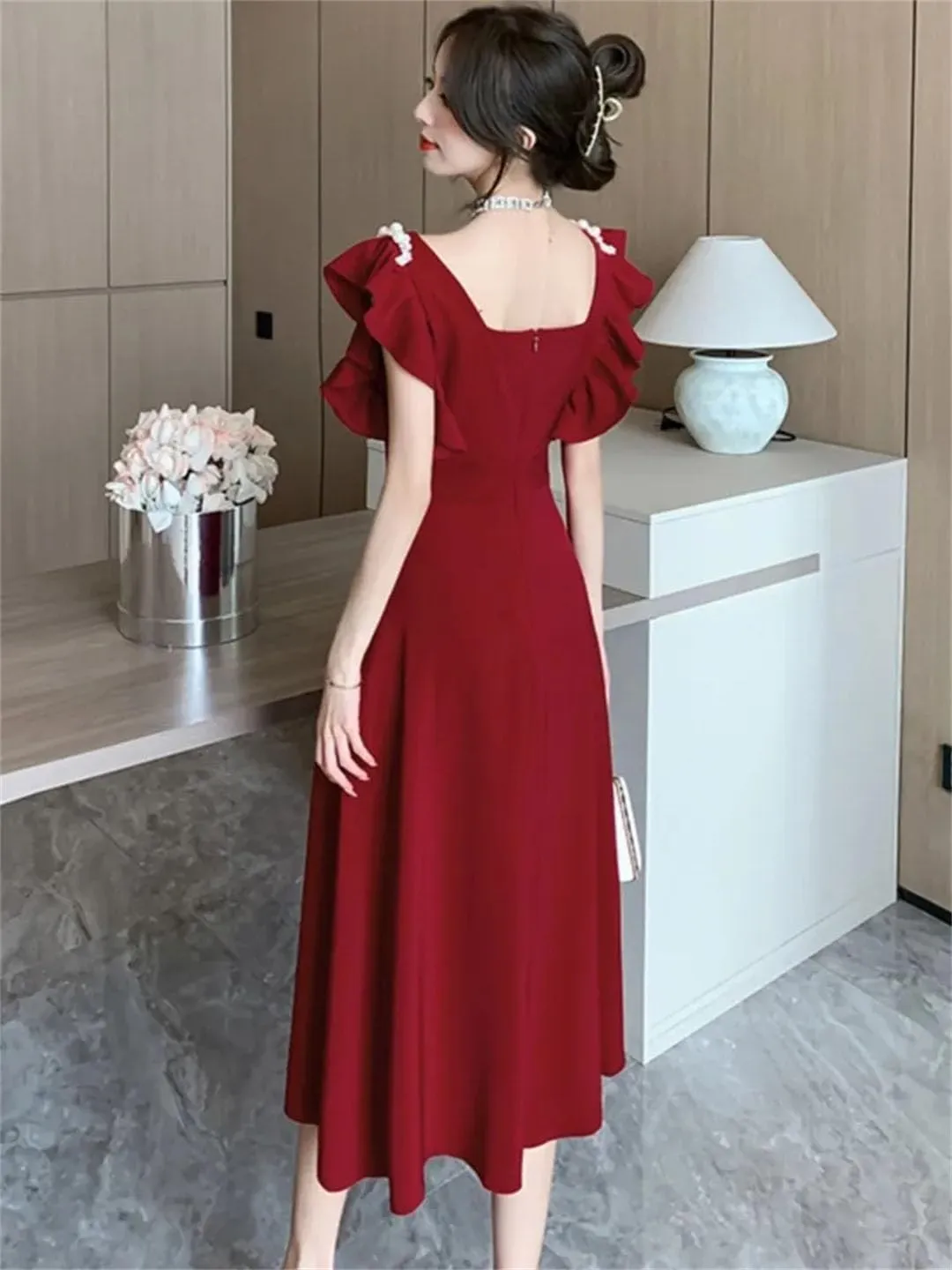 Women Midi Dresses for French Square Collar Flying Sleeve Elegant Party Bride
