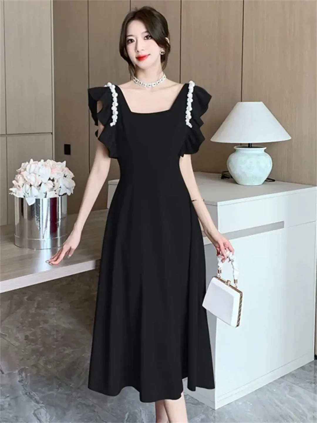 Women Midi Dresses for French Square Collar Flying Sleeve Elegant Party Bride