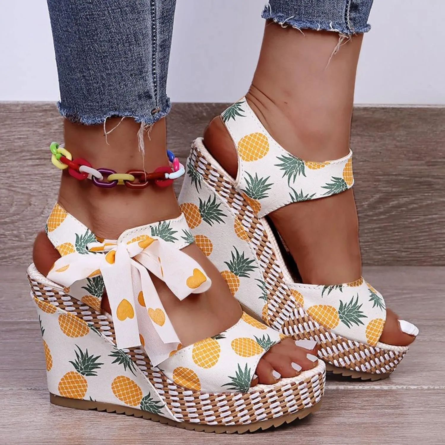 Women Platform Wedge Sandals Cute Slip On Wedge Espadrille Ankle Lace Up Open-Toe Wedges Heel Ladies Elegant Flora Summer Casual Walking Shoes Outdoors