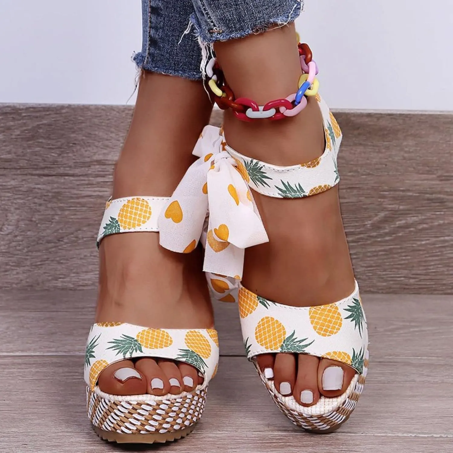 Women Platform Wedge Sandals Cute Slip On Wedge Espadrille Ankle Lace Up Open-Toe Wedges Heel Ladies Elegant Flora Summer Casual Walking Shoes Outdoors