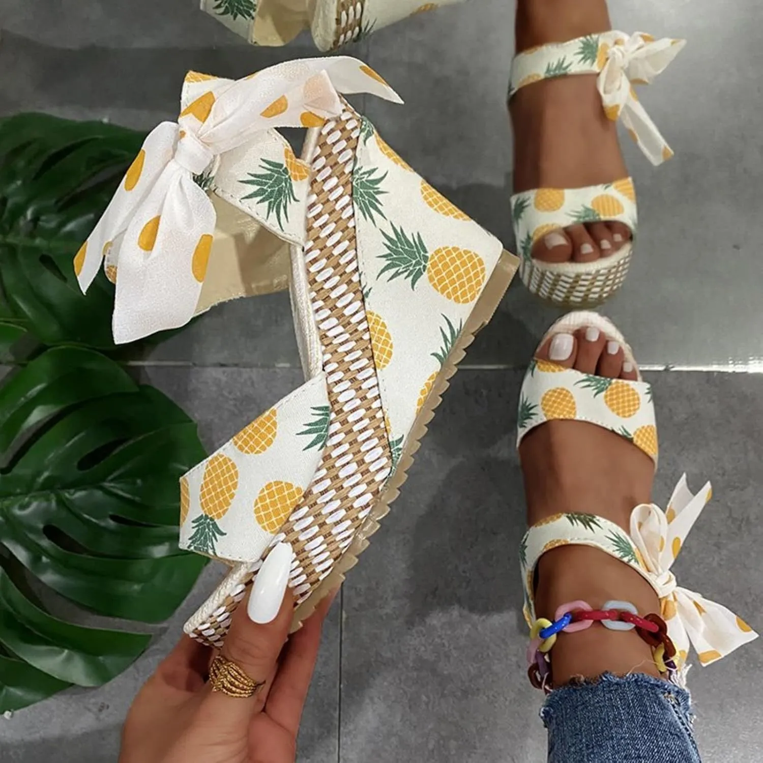 Women Platform Wedge Sandals Cute Slip On Wedge Espadrille Ankle Lace Up Open-Toe Wedges Heel Ladies Elegant Flora Summer Casual Walking Shoes Outdoors