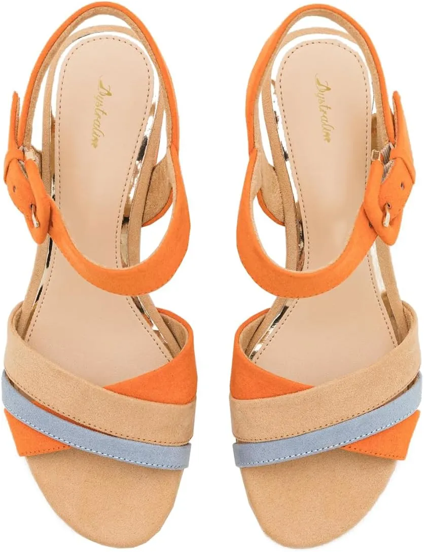 Women Rainbow Heeled Sandals Open Peep Round Toe Ankle Strap Pumps Suede Chunky Block Heels Sandals Multicolored Strappy Summer Dress Shoes Buckle Wedding Party Office Elegant 4-11 M US