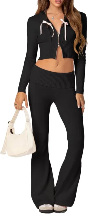Women 's Two Piece Outfits Set Long Sleeve Zip Up Cropped Hoodie and Bootcut Pants Set Loungewear Streetwear (Black, L)