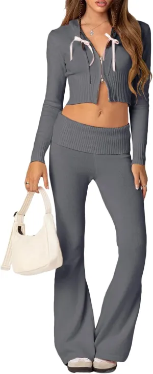Women 's Two Piece Outfits Set Long Sleeve Zip Up Cropped Hoodie and Bootcut Pants Set Loungewear Streetwear (Gray, XL)