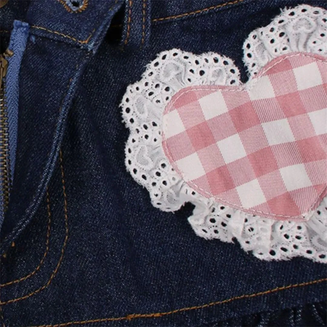 Women Style Lolita Sweet Mini Gown Denim High Waist Lace Cake Skirts