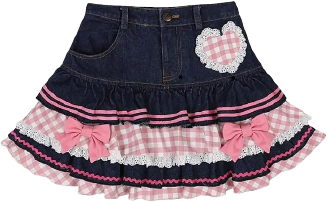 Women Style Lolita Sweet Mini Gown Denim High Waist Lace Cake Skirts