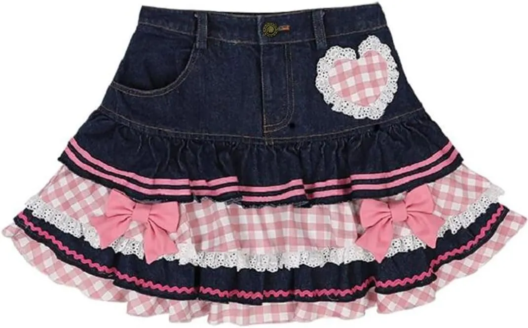 Women Style Lolita Sweet Mini Gown Denim High Waist Lace Cake Skirts