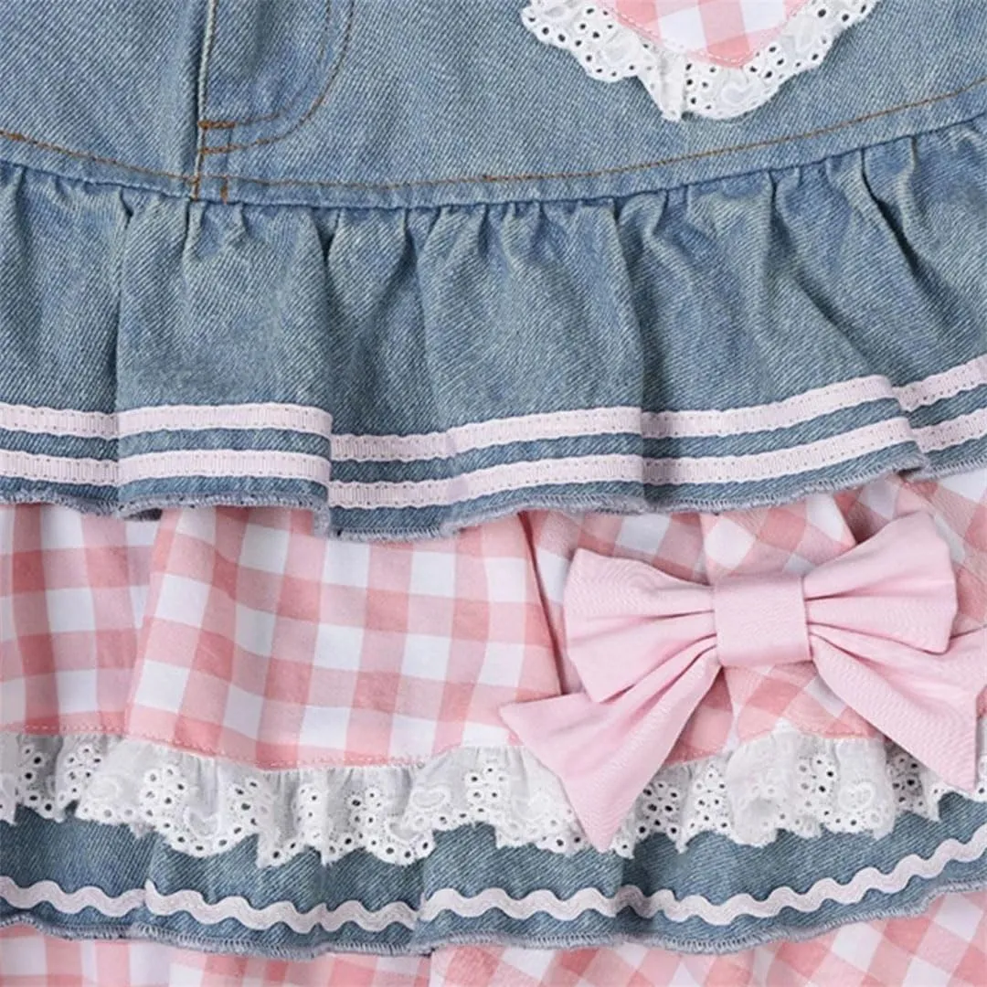 Women Style Lolita Sweet Mini Gown Denim High Waist Lace Cake Skirts