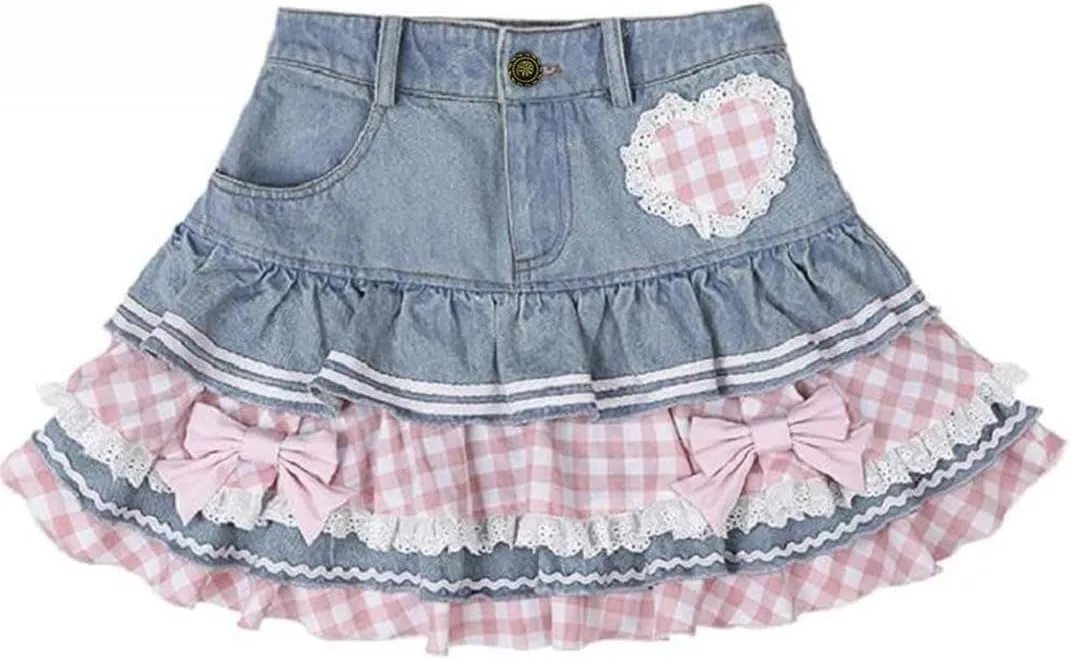 Women Style Lolita Sweet Mini Gown Denim High Waist Lace Cake Skirts
