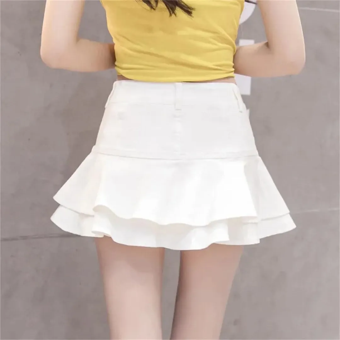 Women Vintage Denim Mini Skirts Sexy Solid Colour Ball Gown Jeans Pocket Slim A-Line Mini Skirts