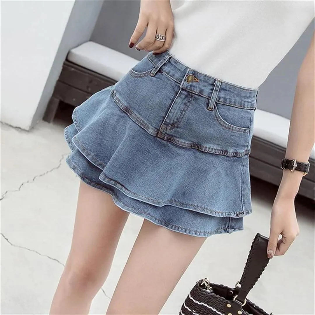Women Vintage Denim Mini Skirts Sexy Solid Colour Ball Gown Jeans Pocket Slim A-Line Mini Skirts