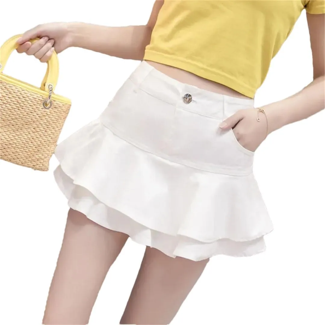 Women Vintage Denim Mini Skirts Sexy Solid Colour Ball Gown Jeans Pocket Slim A-Line Mini Skirts