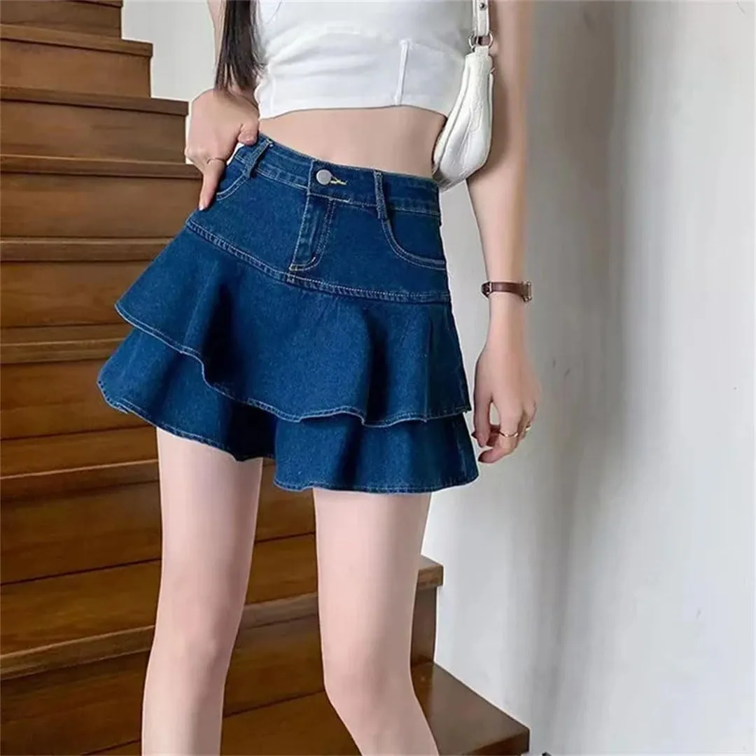 Women Vintage Denim Mini Skirts Sexy Solid Colour Ball Gown Jeans Pocket Slim A-Line Mini Skirts