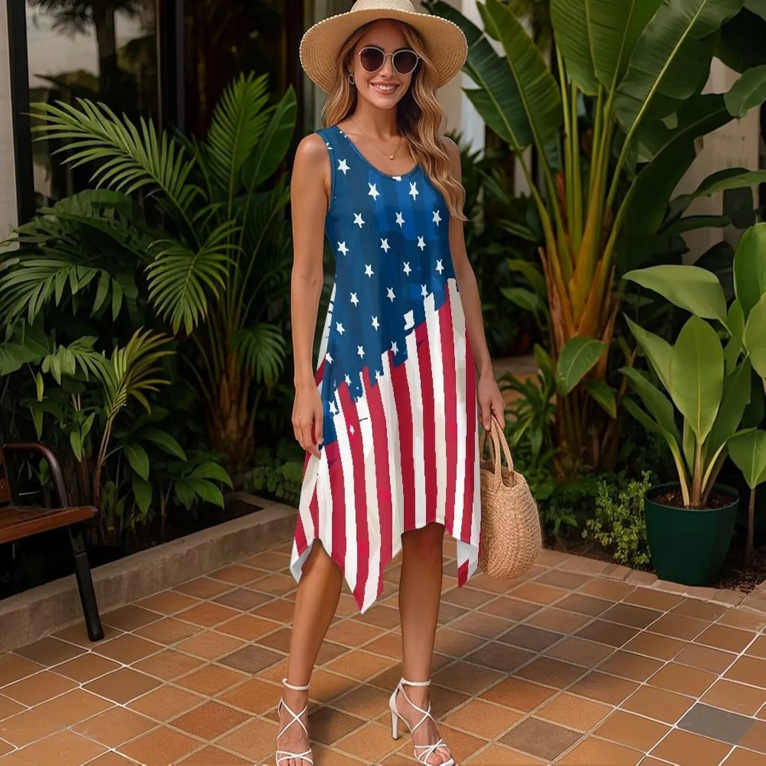 Women Vintage Dress Round Neck Irregular Hem Beach Sundress A Line Cocktail Party Dresses with Pockets Size S-5XL