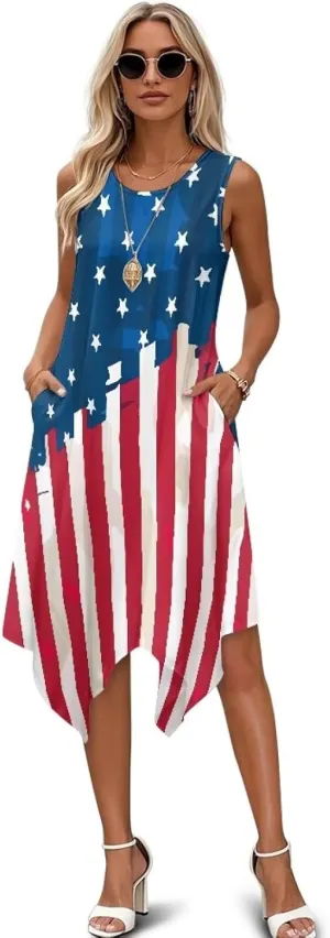Women Vintage Dress Round Neck Irregular Hem Beach Sundress A Line Cocktail Party Dresses with Pockets Size S-5XL