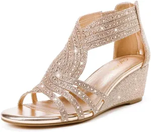 Women Wedge Sandals Sparkly Rhinestone Open Toe Fashion Dressy Sandals Evening Wedding Prom Shoes