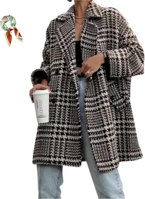 Women Winter Houndstooth Wool Blend Coat,Notch Lapel Mid Long Double Breasted Peacoat,Casual Loose Warm Outwear