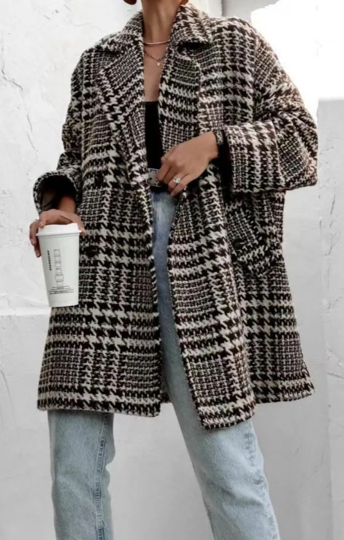 Women Winter Houndstooth Wool Blend Coat,Notch Lapel Mid Long Double Breasted Peacoat,Casual Loose Warm Outwear