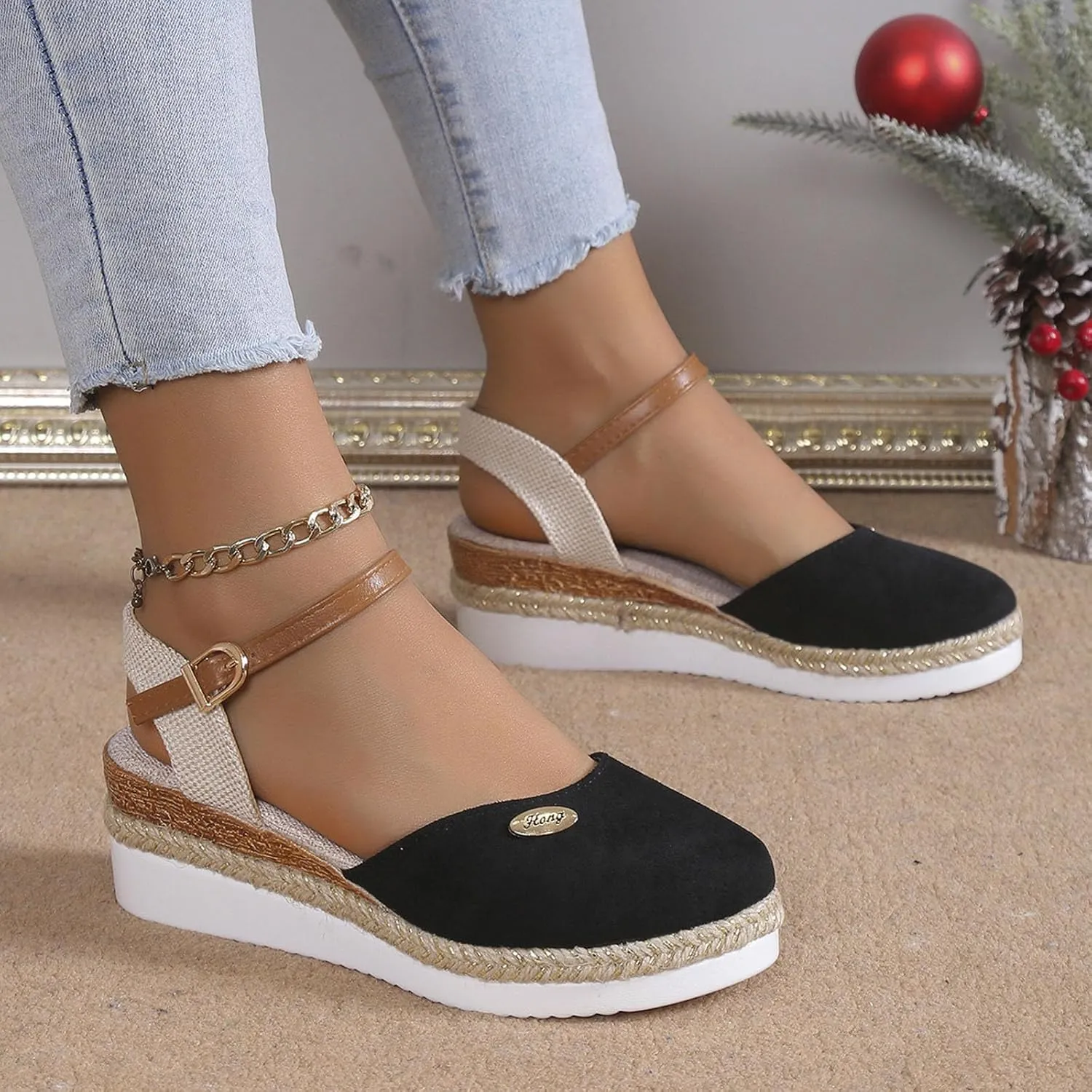 Women's 2025 Open Toe Sandal Colorblock Adjustable Ankle Strap Shoes Hook and Eye Wedge Sandals Platform Elegant Shoe