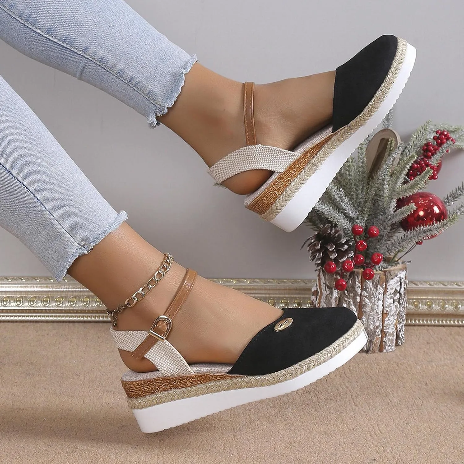 Women's 2025 Open Toe Sandal Colorblock Adjustable Ankle Strap Shoes Hook and Eye Wedge Sandals Platform Elegant Shoe