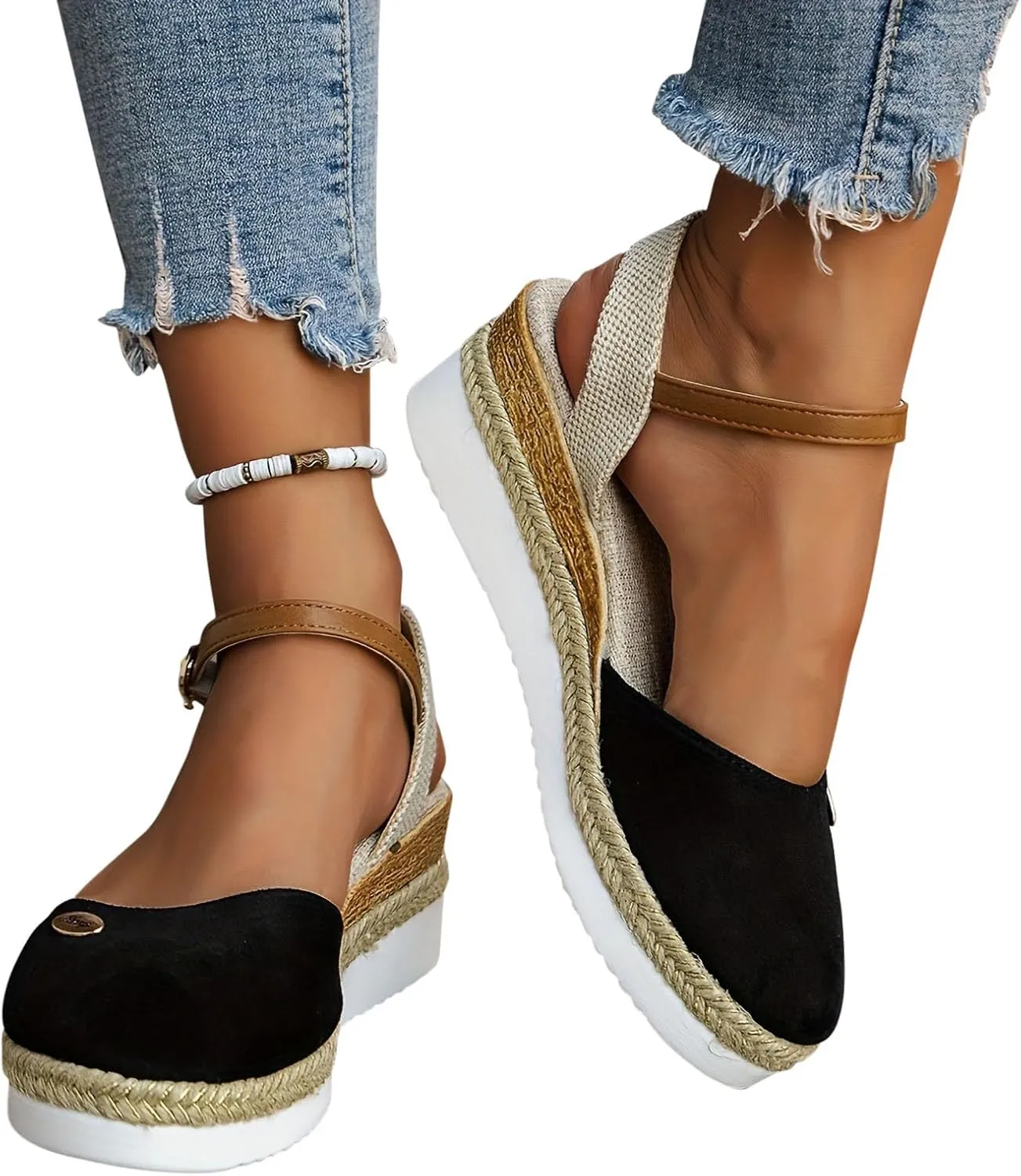 Women's 2025 Open Toe Sandal Colorblock Adjustable Ankle Strap Shoes Hook and Eye Wedge Sandals Platform Elegant Shoe