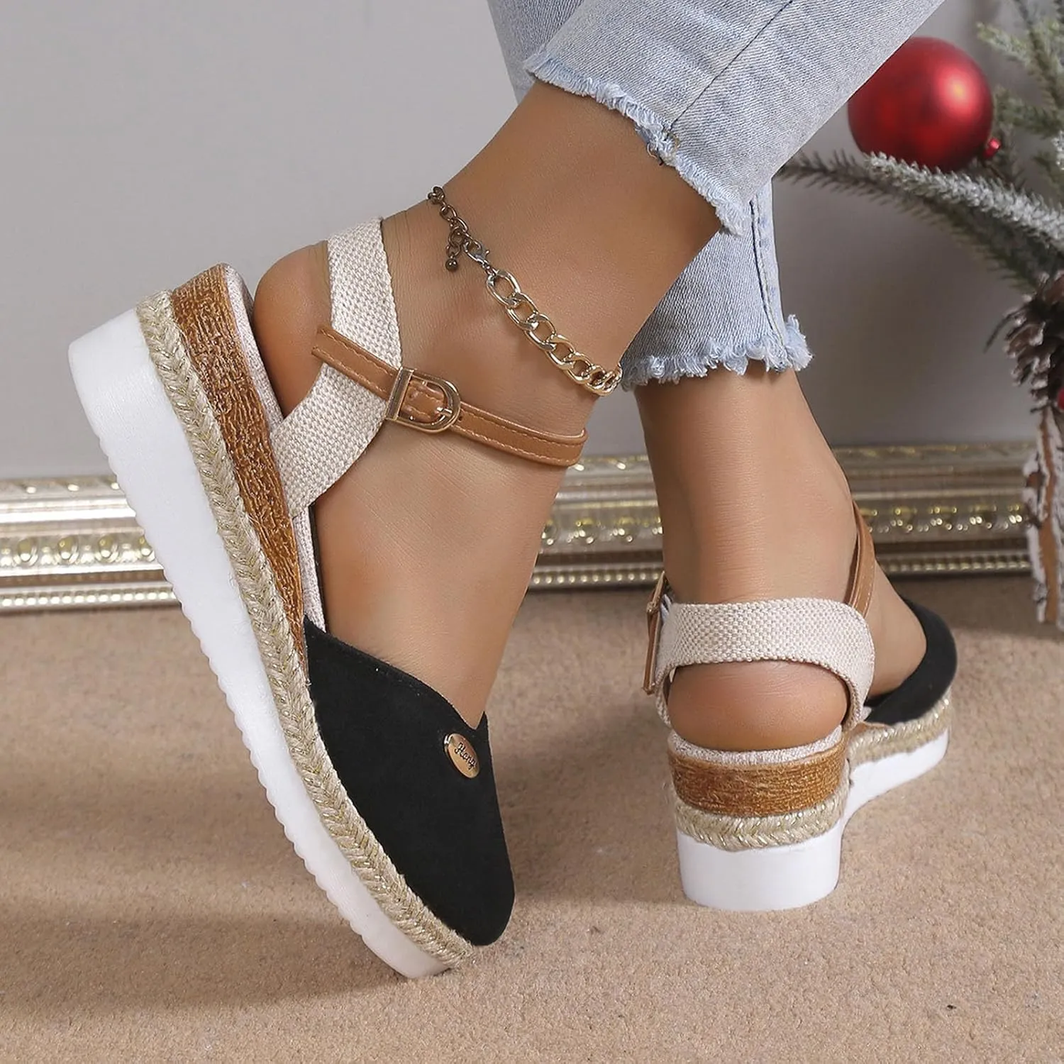 Women's 2025 Open Toe Sandal Colorblock Adjustable Ankle Strap Shoes Hook and Eye Wedge Sandals Platform Elegant Shoe