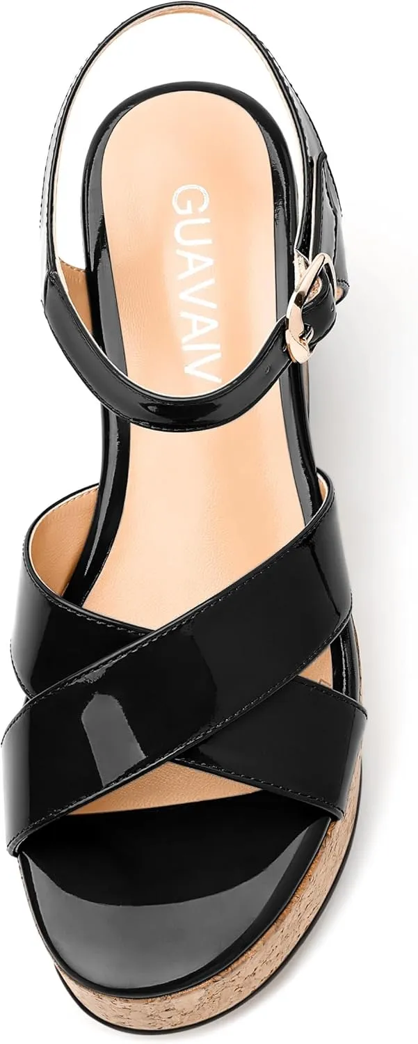 Women's 3-Inch Chunky Wedge Sandals - Open Round Toe Platform with Adjustable Ankle Strap, Solid Color Heels for Work, Party & Date Nights