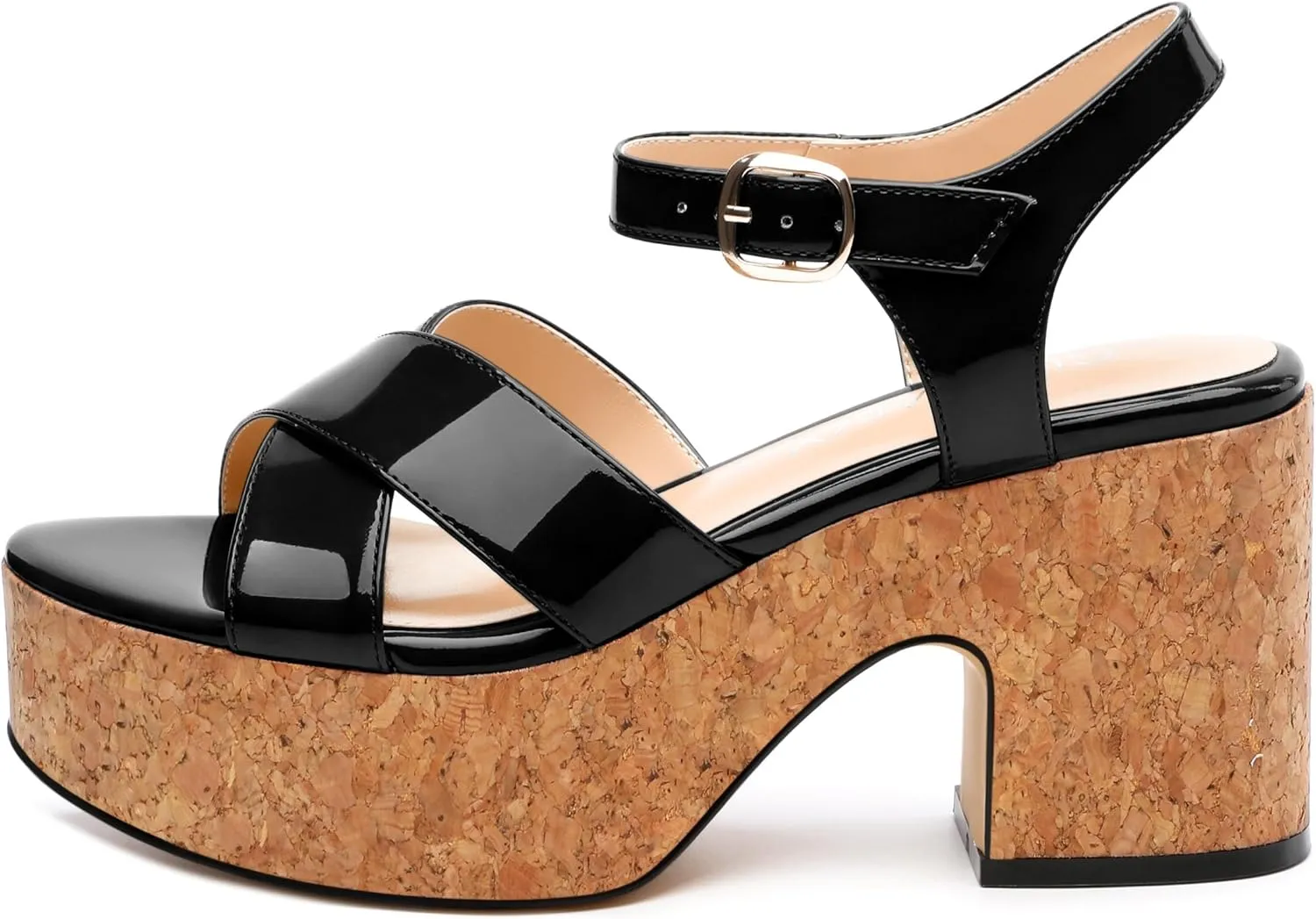 Women's 3-Inch Chunky Wedge Sandals - Open Round Toe Platform with Adjustable Ankle Strap, Solid Color Heels for Work, Party & Date Nights